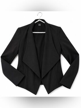 Chelsea & Theodore Black Draped Open Front Blazer | Stretch | Size 8